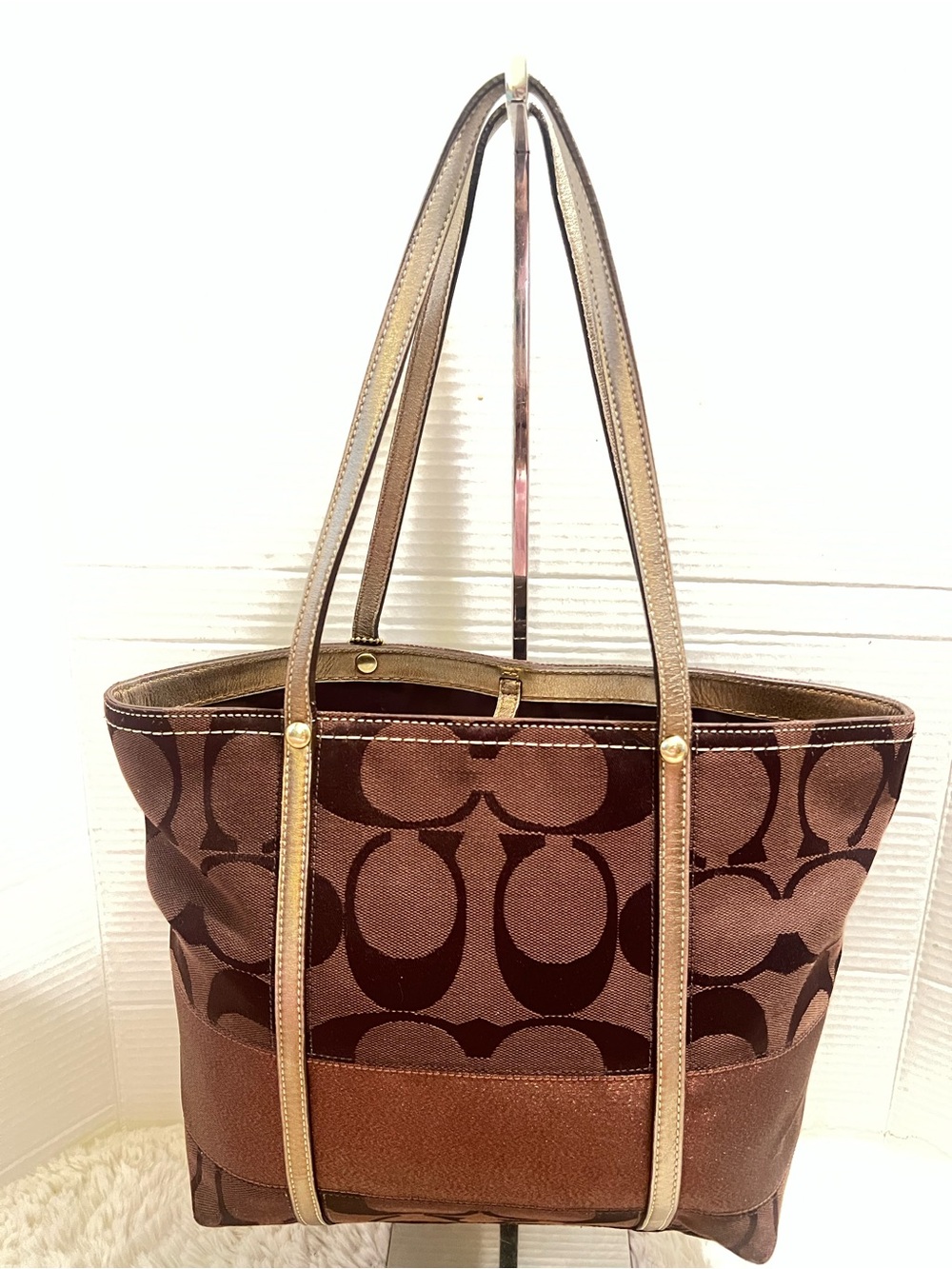Coach Vintage y2k Brown and Gold Signature Stripe Metallic Copper Tote - Picture 2 of 11
